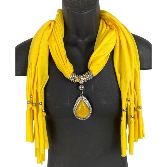 Unmarked Accessories - Womens Yellow & Silver Resin Pendant Shawl Scarf Necklace w/Beaded Fringe